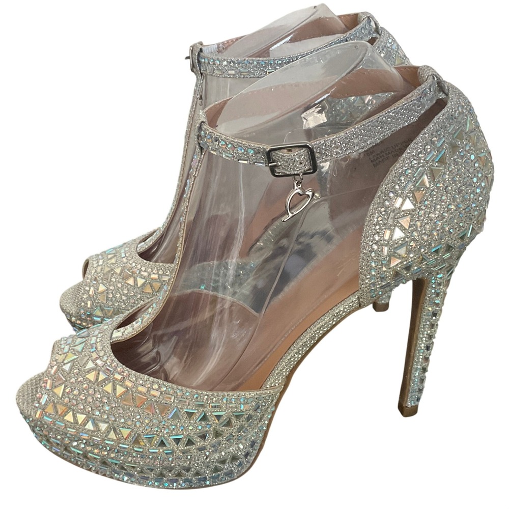 Thalia Sodi Chace Silver Embellished Platform Pump Rhinestone T-Strap Heel Sz 8